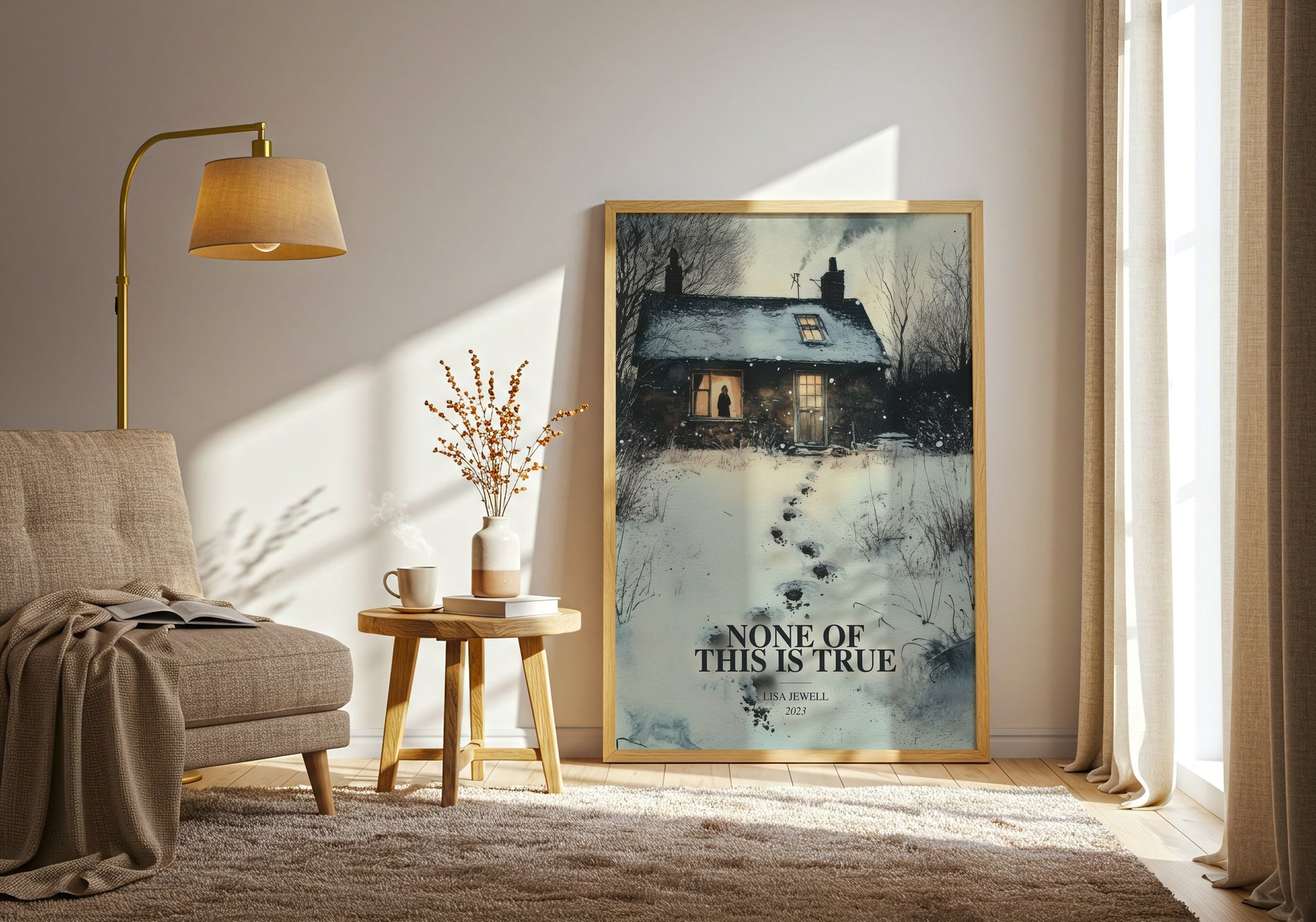 None Of This Is True watercolour print in frame leaning in hallway – thriller wall art