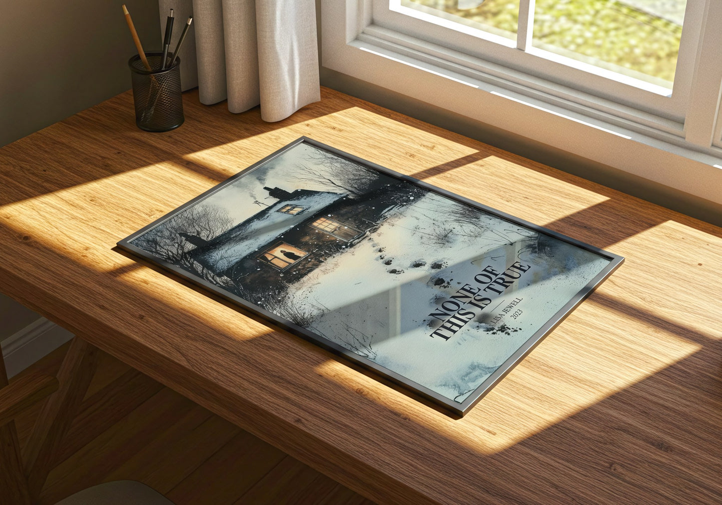 None Of This Is True watercolour book poster framed on wall – thriller wall art