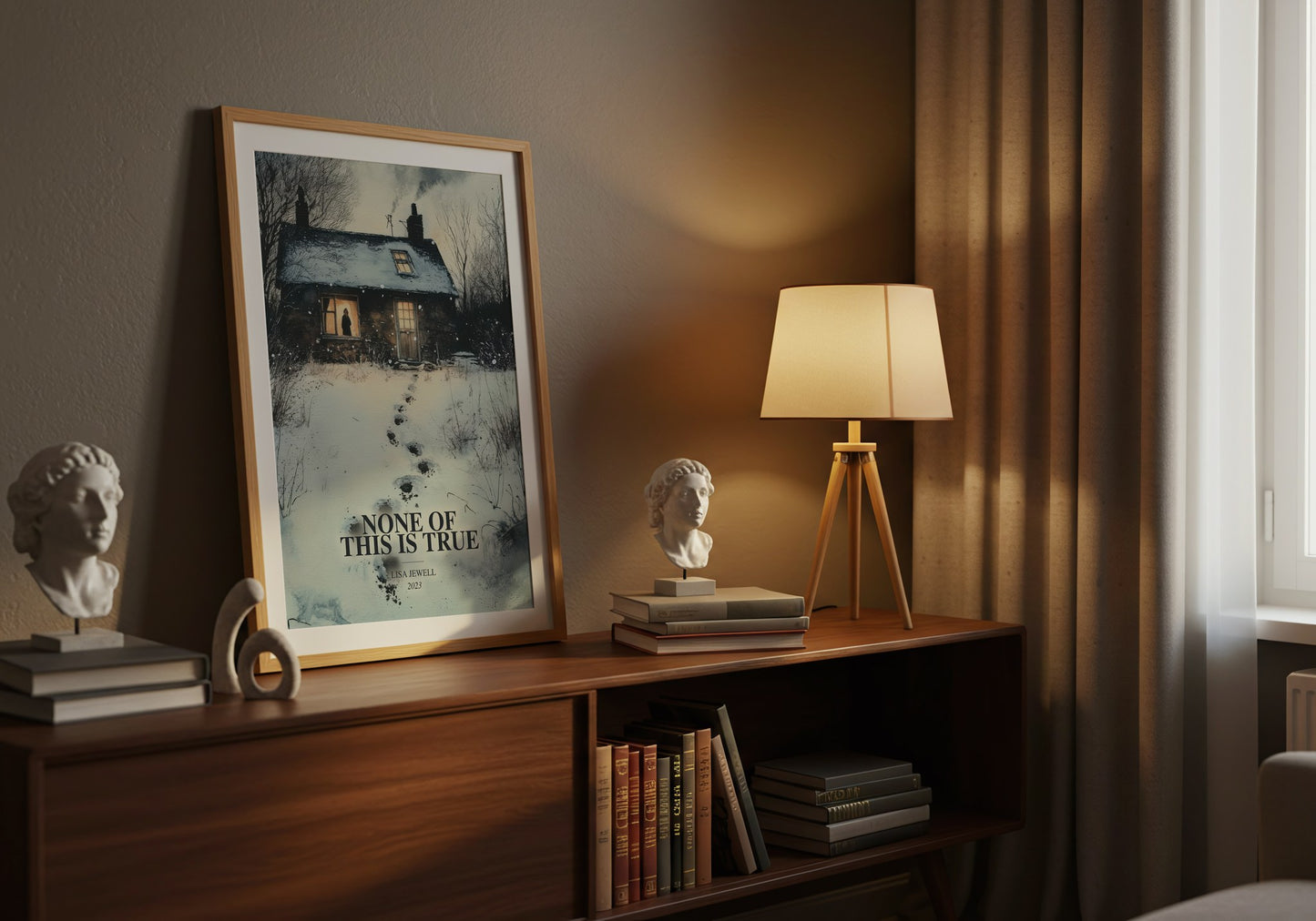None Of This Is True watercolour print on bookshelf – Lisa Jewell fan gift