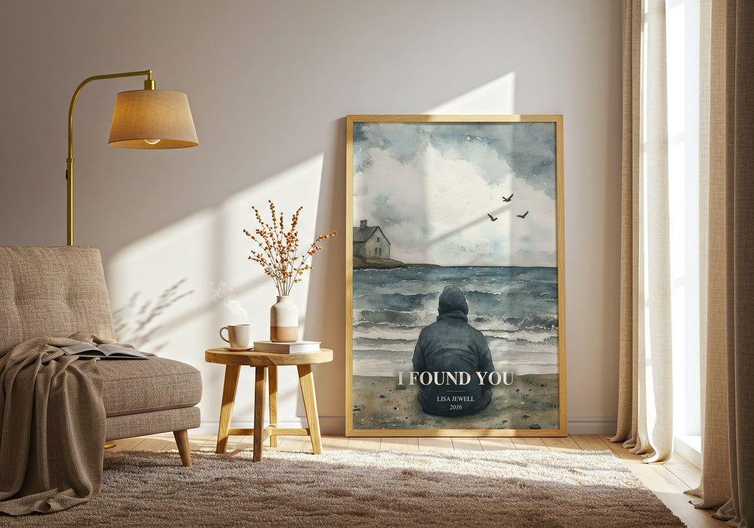 I Found You watercolour print in frame leaning in hallway – mystery wall art (mockup)