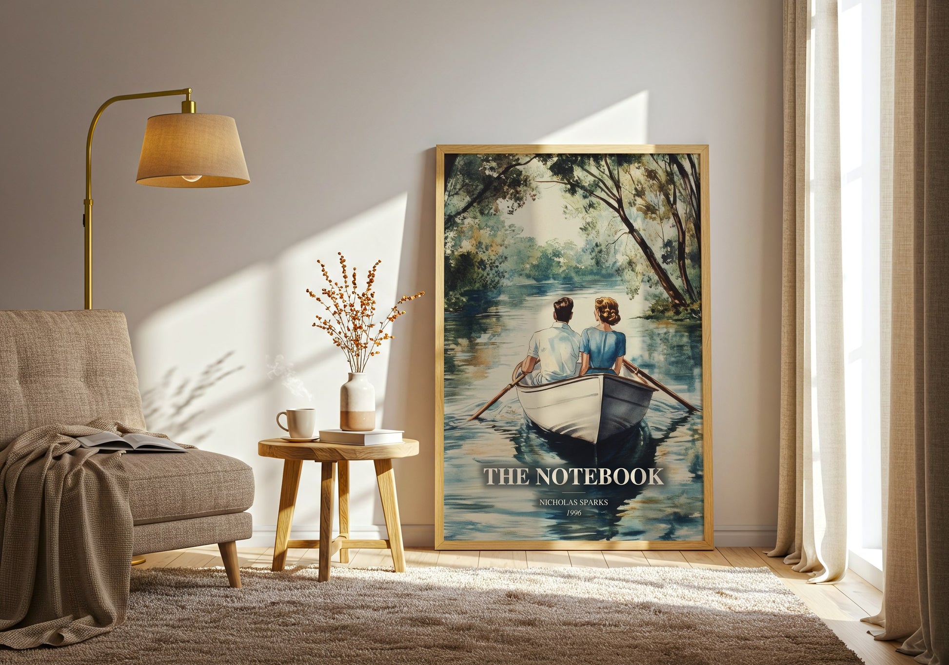 The Notebook watercolour print in frame leaning in hallway – romance wall art