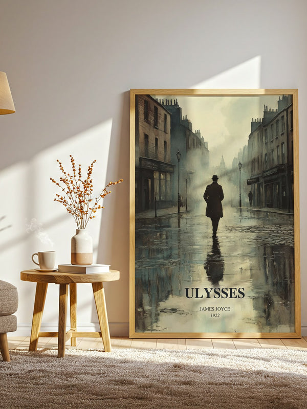 Ulysses watercolour print in frame leaning in hallway – classic literature wall art