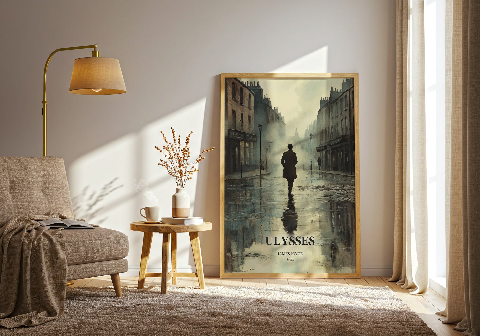 Ulysses watercolour print in frame leaning in hallway – classic literature wall art