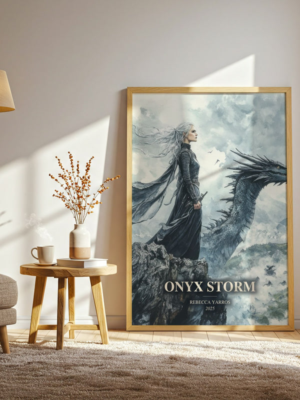 Onyx Storm watercolour print in frame leaning in hallway – fantasy wall art