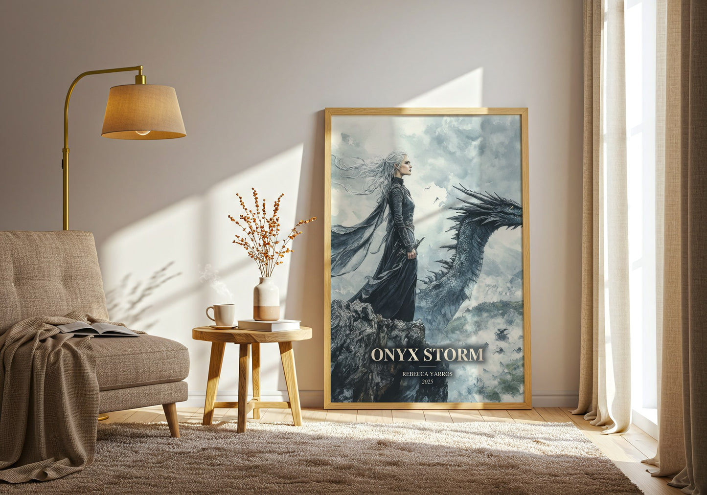 Onyx Storm watercolour print in frame leaning in hallway – fantasy wall art