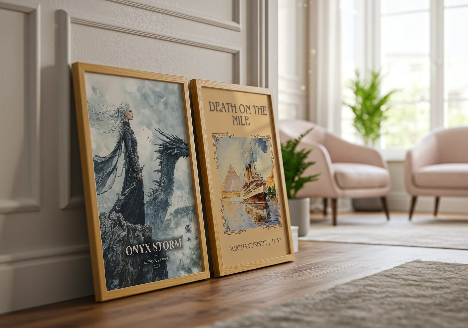 Onyx Storm watercolour print framed by window – literary home decor