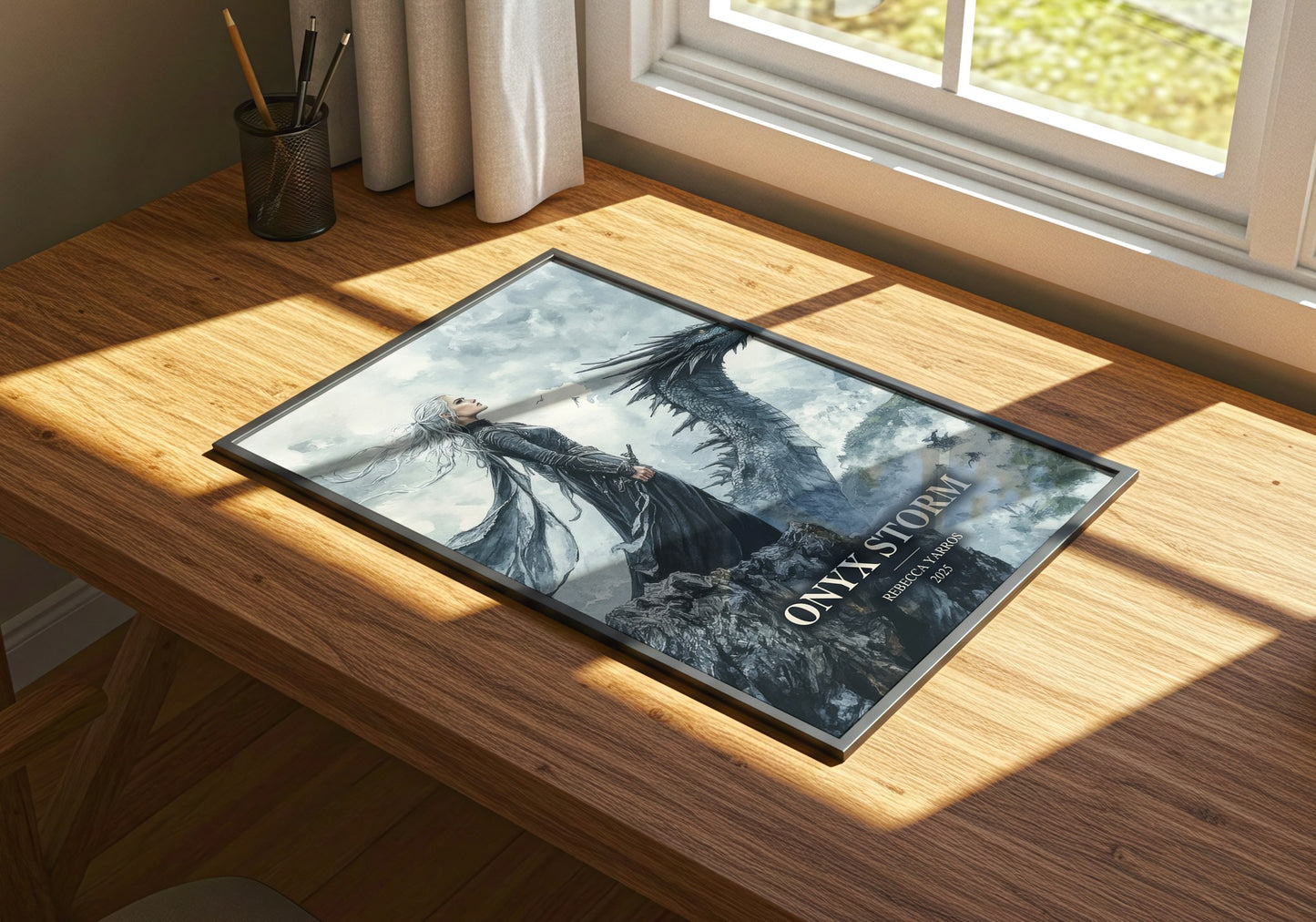 Onyx Storm watercolour book poster framed on wall – fantasy wall art
