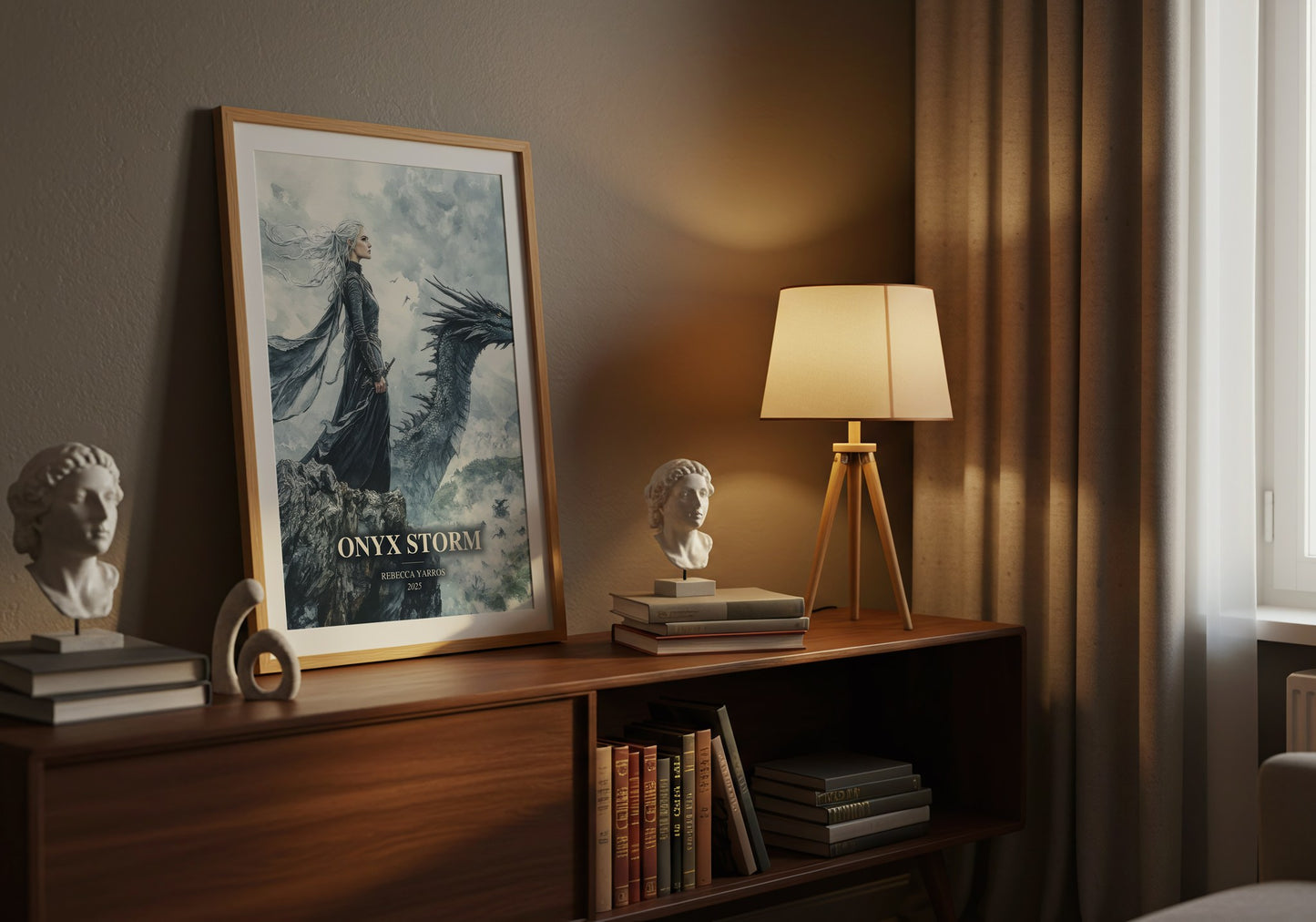 Onyx Storm watercolour print on bookshelf – Rebecca Yarros fan gift