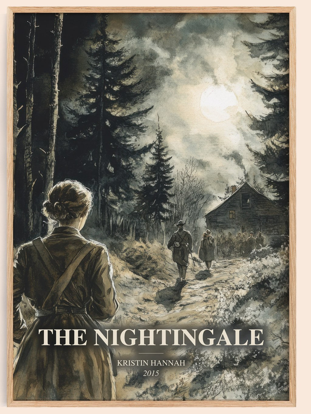 The Nightingale watercolour book poster by Kristin Hannah – framed literary art print