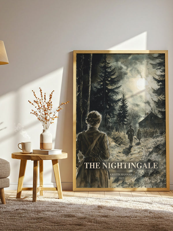 The Nightingale watercolour print in frame leaning in hallway – historical fiction wall art