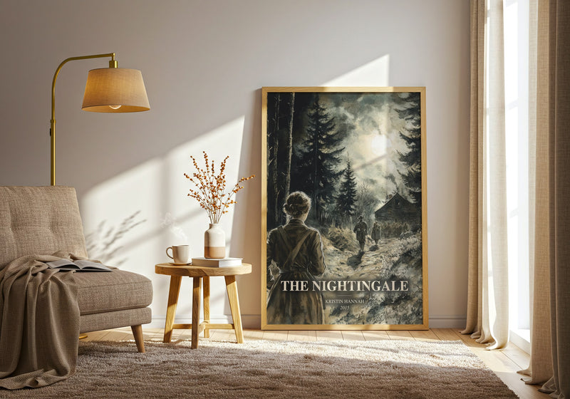 The Nightingale watercolour print in frame leaning in hallway – historical fiction wall art