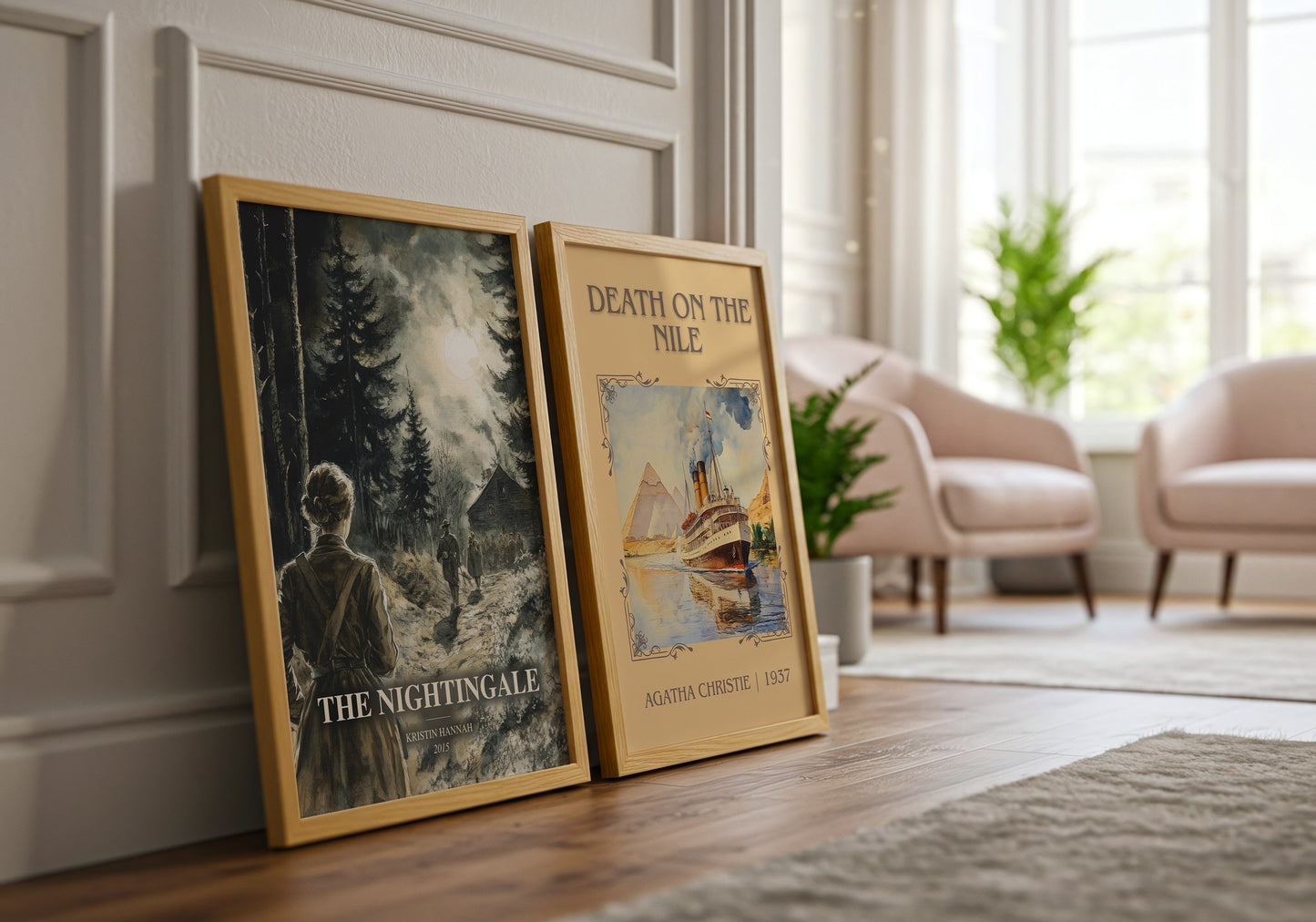 The Nightingale watercolour print framed by window – literary home decor
