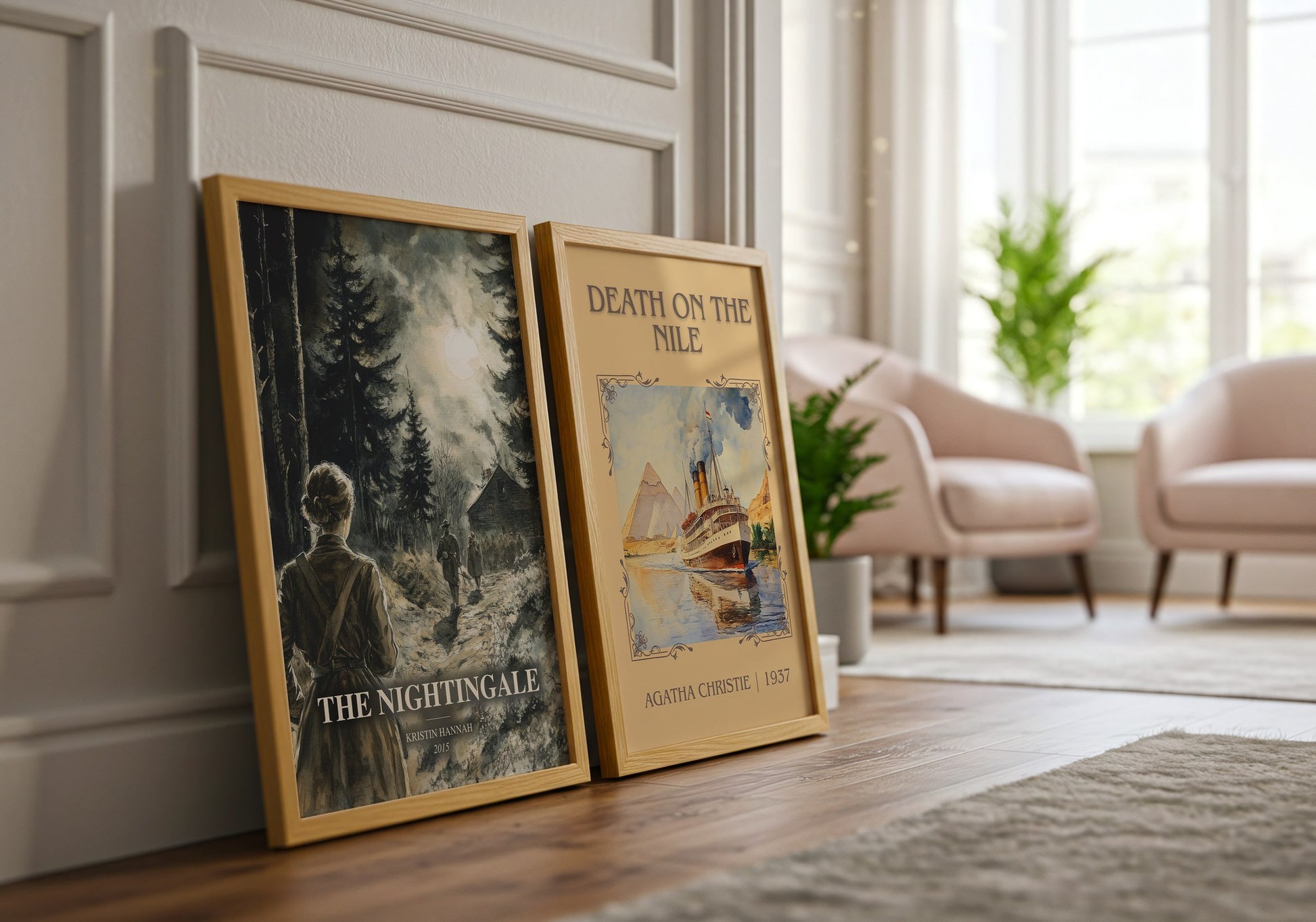 The Nightingale watercolour print framed by window – literary home decor
