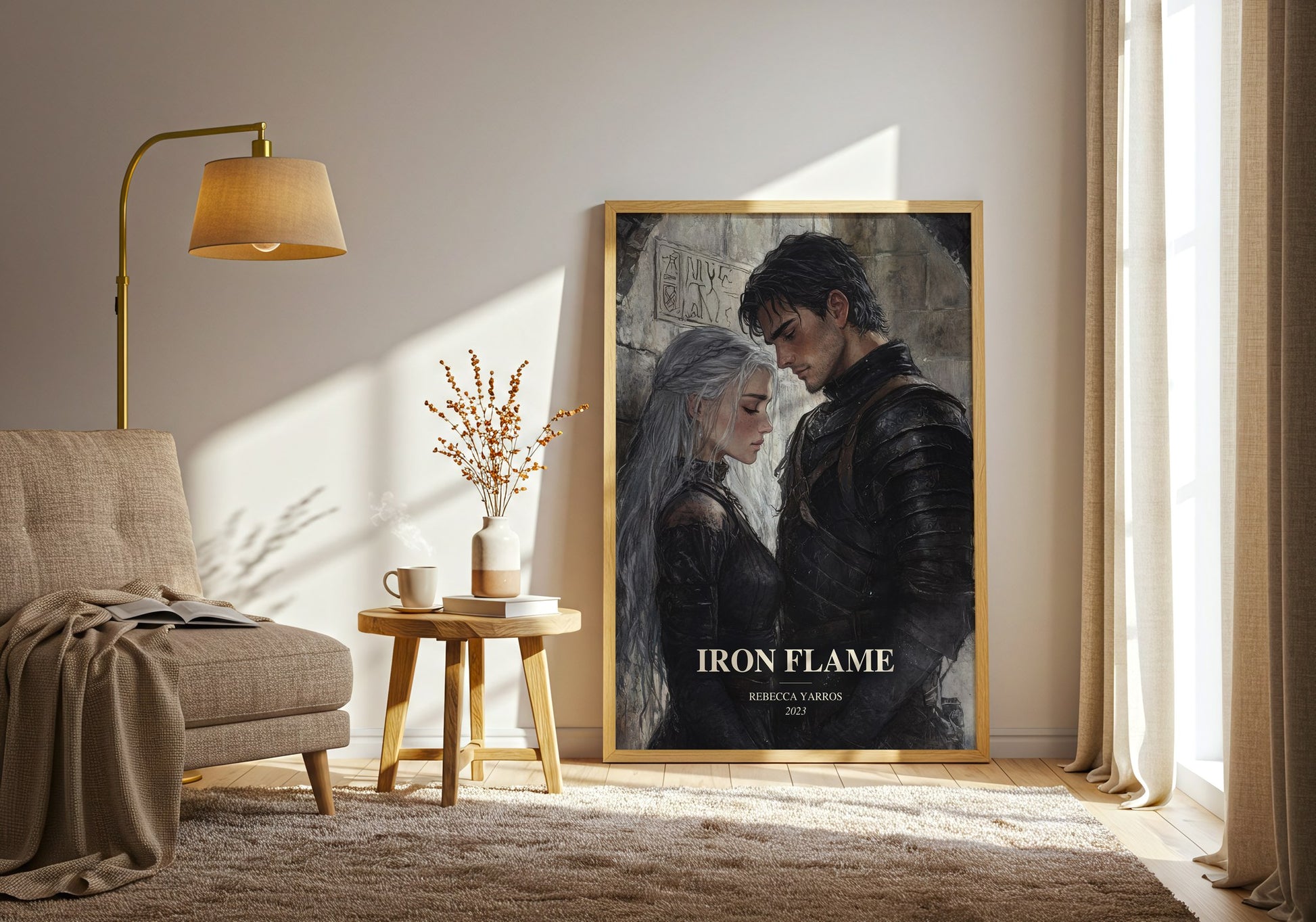Iron Flame watercolour print in frame leaning in hallway – fantasy wall art
