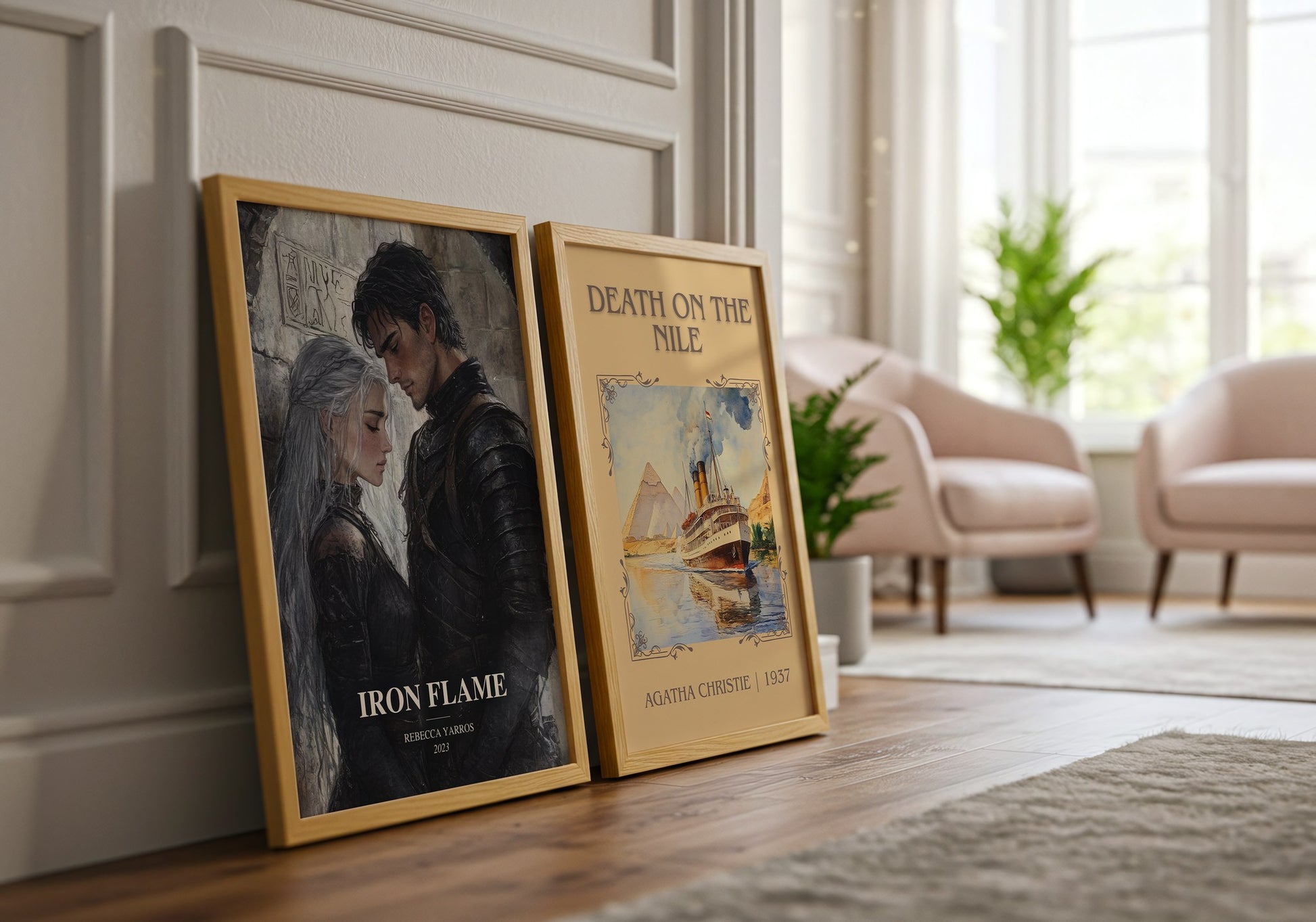 Iron Flame watercolour print framed by window – literary home decor