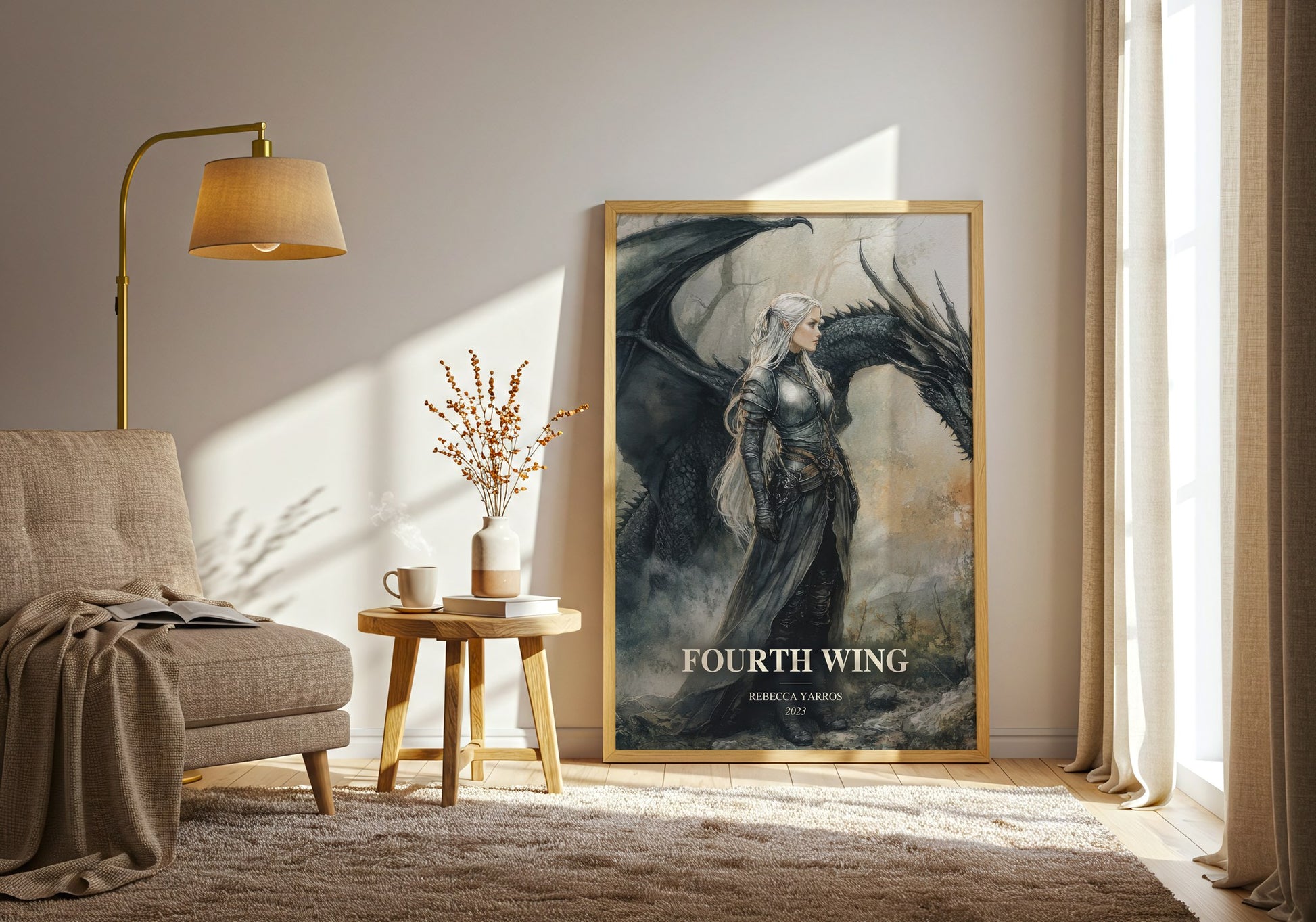 Fourth Wing watercolour print in frame leaning in hallway – fantasy wall art