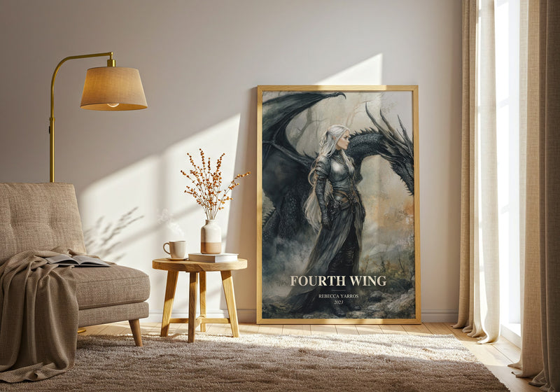 Fourth Wing watercolour print in frame leaning in hallway – fantasy wall art
