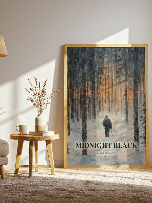 Midnight Black watercolour print in frame leaning in hallway – thriller wall art