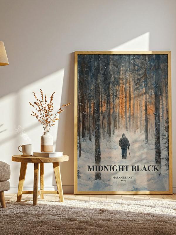Midnight Black Book Watercolour Illustration by Mark Greaney – framed print in a lamp-lit living room