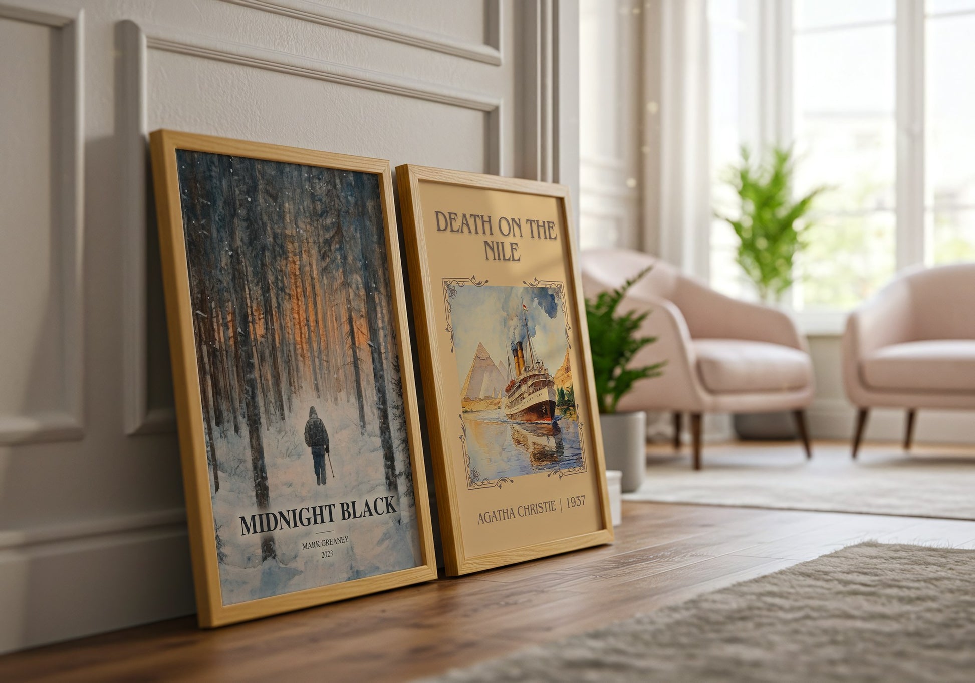 Midnight Black watercolour print framed by window – literary home decor