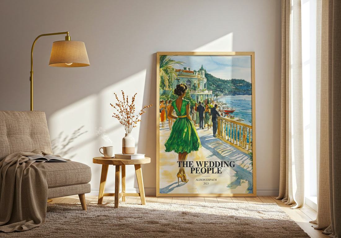 The Wedding People watercolour print in frame leaning in hallway – contemporary fiction wall art (mockup)