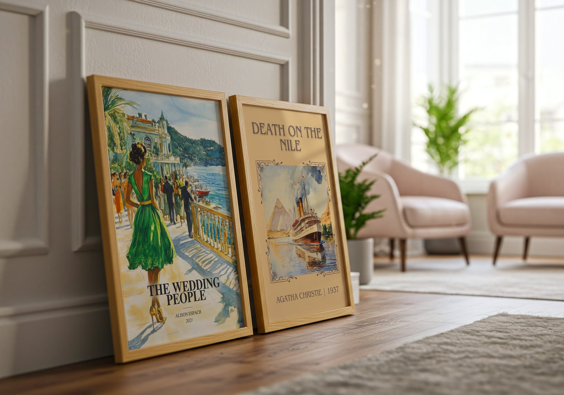 The Wedding People watercolour print framed by window – literary home decor