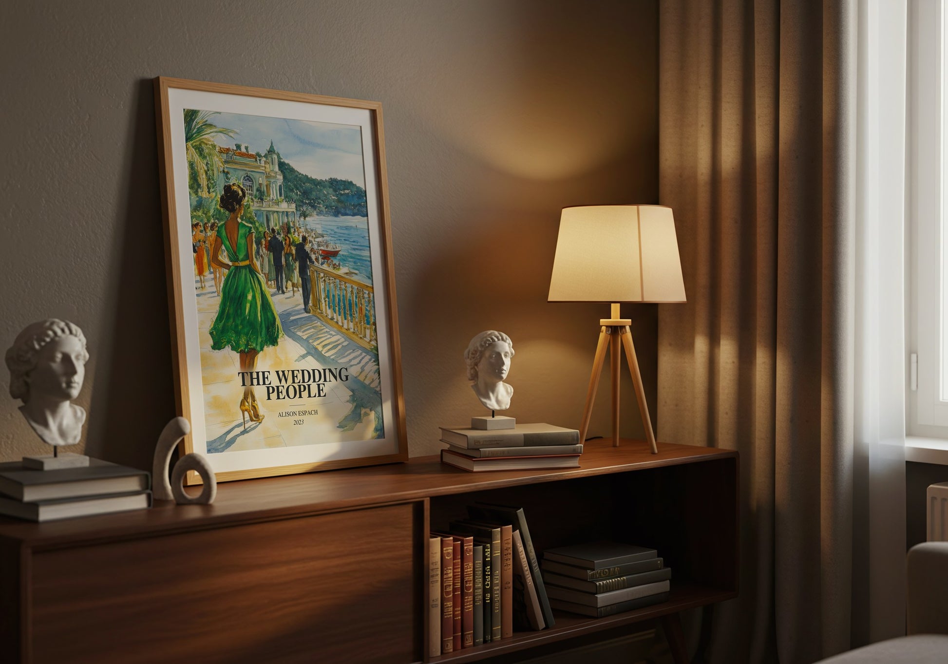 The Wedding People watercolour print on bookshelf – Alison Espach fan gift