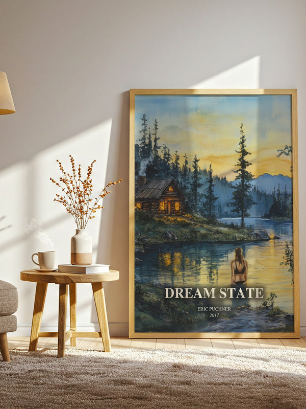 Dream State watercolour print in frame leaning in hallway – literary fiction wall art
