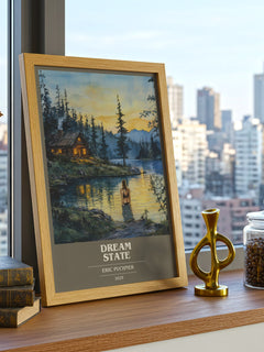 Dream State Book Cover Poster by Eric Puchner – framed print on a city-view windowsill