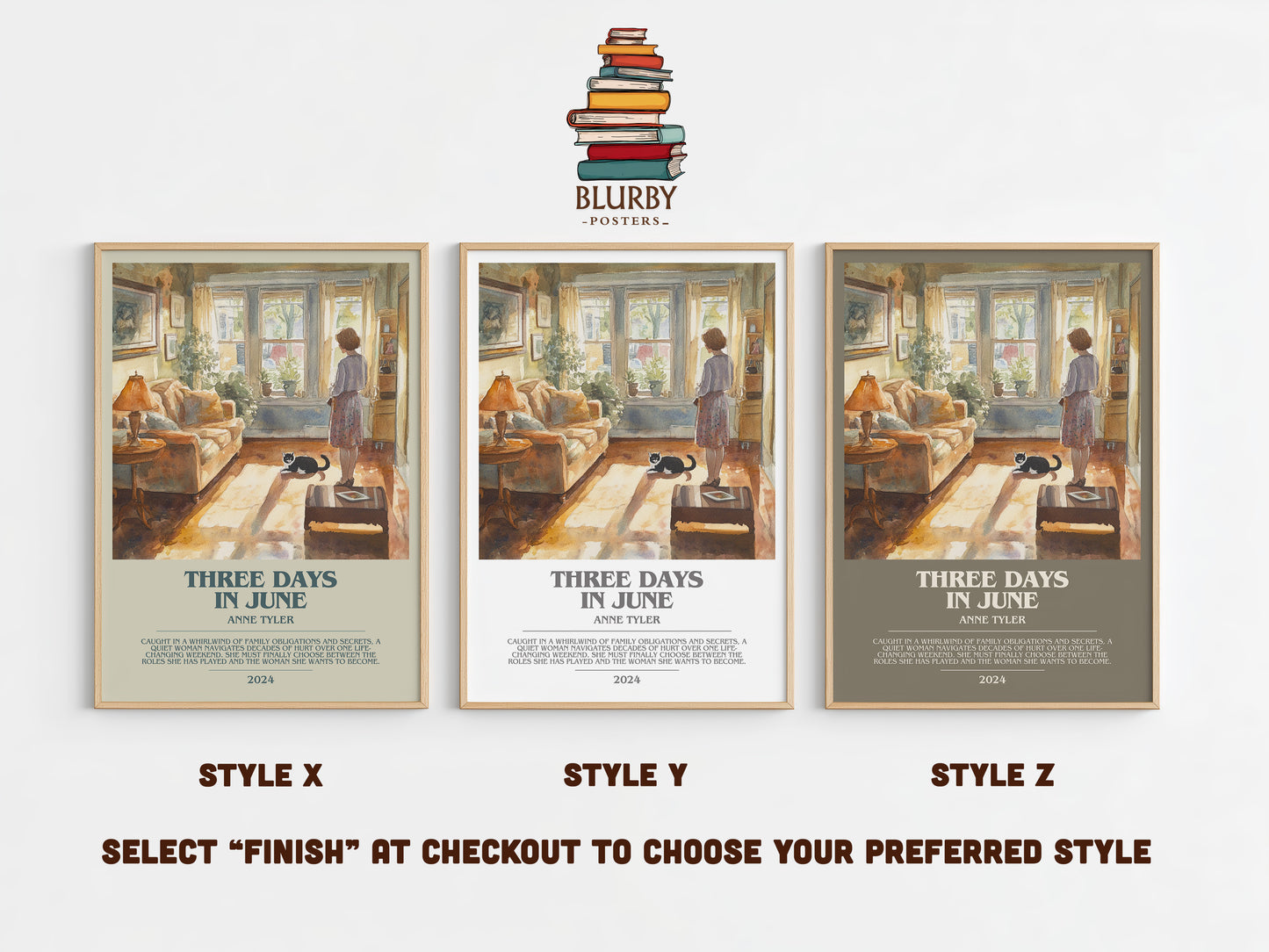 Three Days In June bookish print in frame leaning in hallway – contemporary fiction wall art