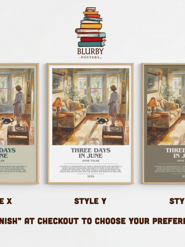 Three Days In June bookish print in frame leaning in hallway – contemporary fiction wall art