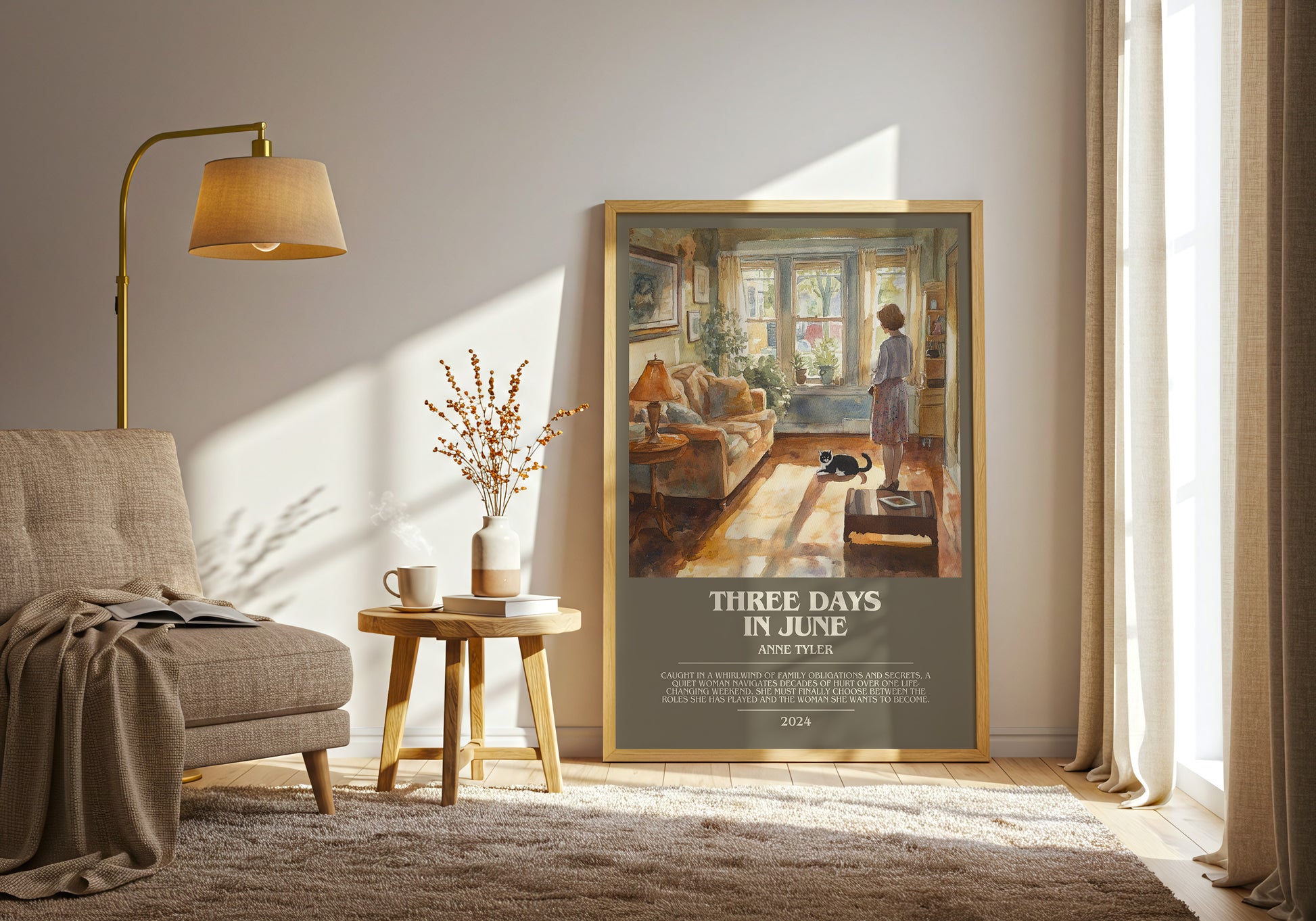 Three Days In June bookish print framed by window – literary home decor