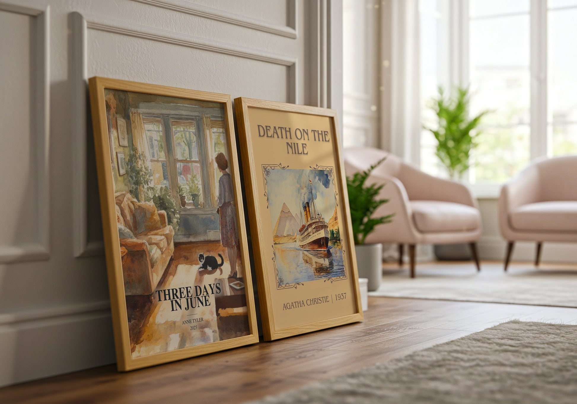 Three Days In June watercolour print framed by window – literary home decor