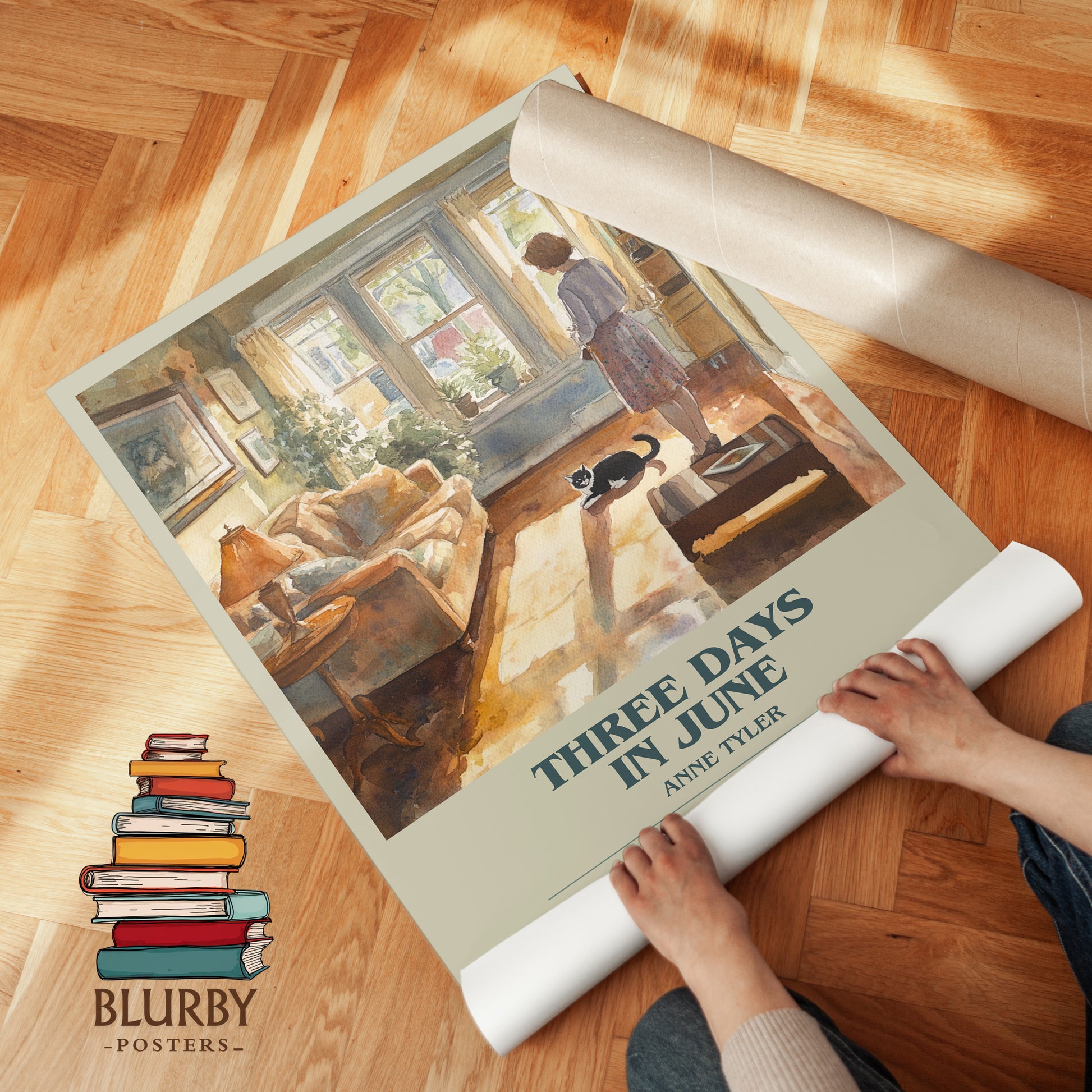 Three Days In June bookish print on bookshelf – Anne Tyler fan gift