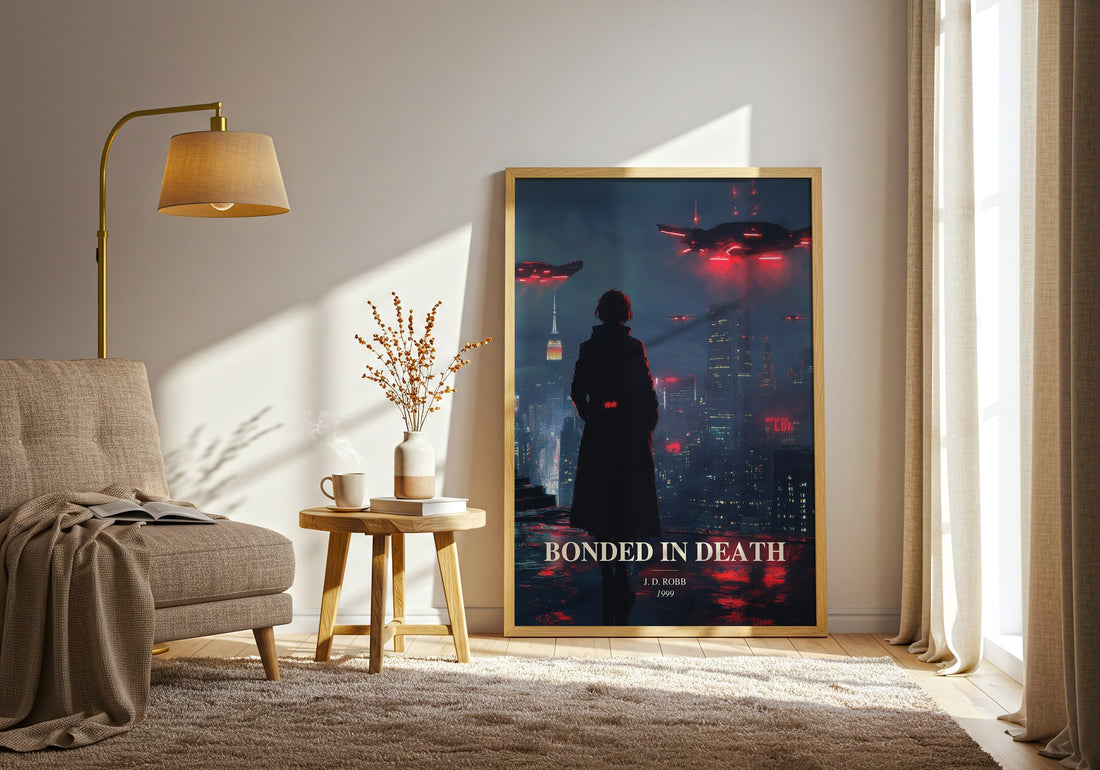 Bonded In Death watercolour print in frame leaning in hallway – mystery wall art (mockup)