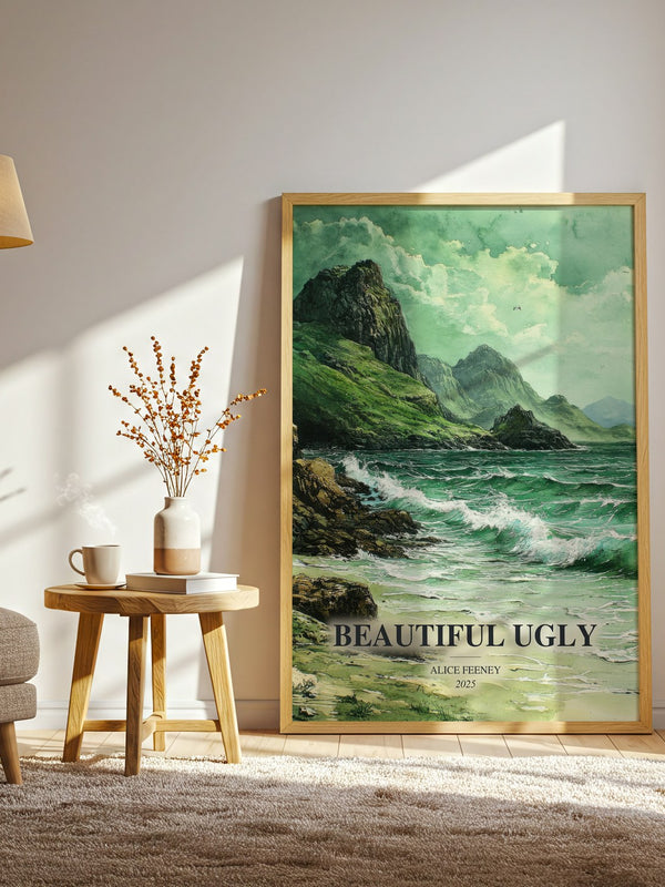 Beautiful Ugly watercolour print in frame leaning in hallway – thriller wall art