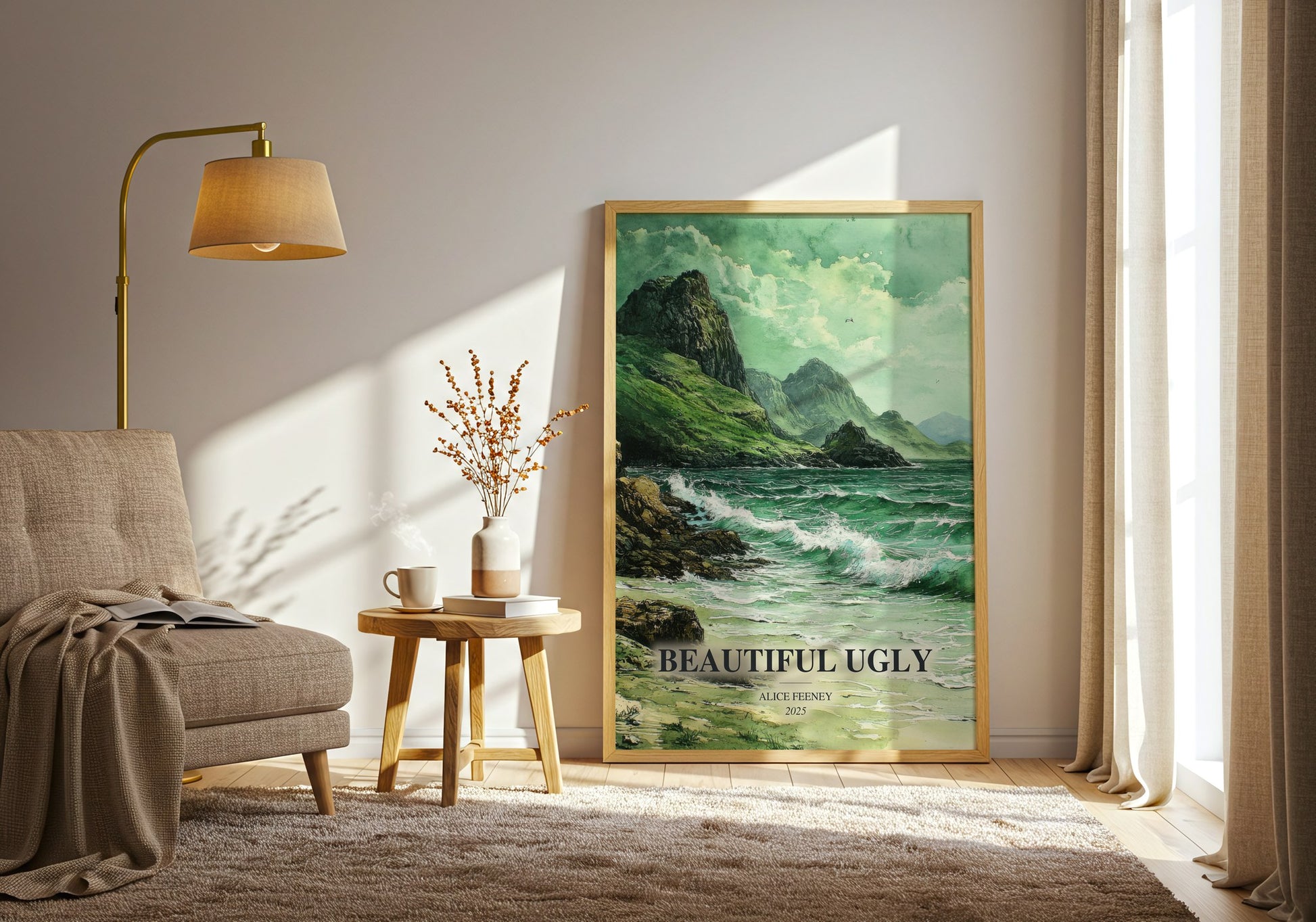 Beautiful Ugly watercolour print in frame leaning in hallway – thriller wall art