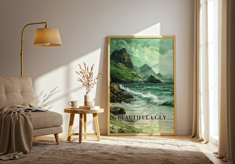 Beautiful Ugly watercolour print in frame leaning in hallway – thriller wall art
