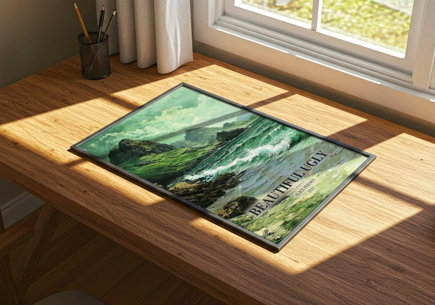 Beautiful Ugly watercolour book poster framed on wall – thriller wall art