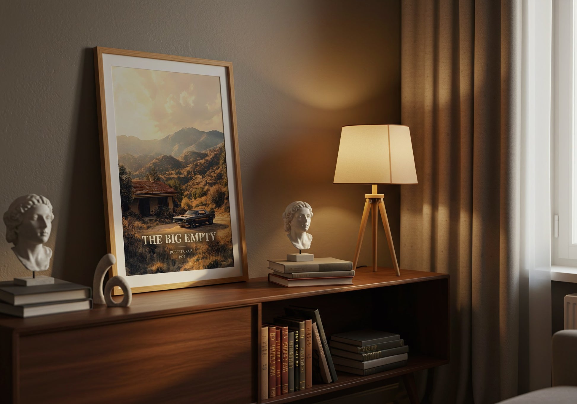 The Big Empty watercolour print on bookshelf – Robert Crais fan gift