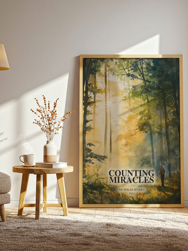 Counting Miracles watercolour print in frame leaning in hallway – romance wall art