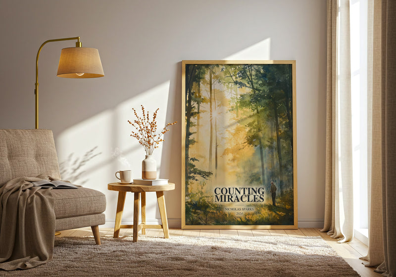 Counting Miracles watercolour print in frame leaning in hallway – romance wall art
