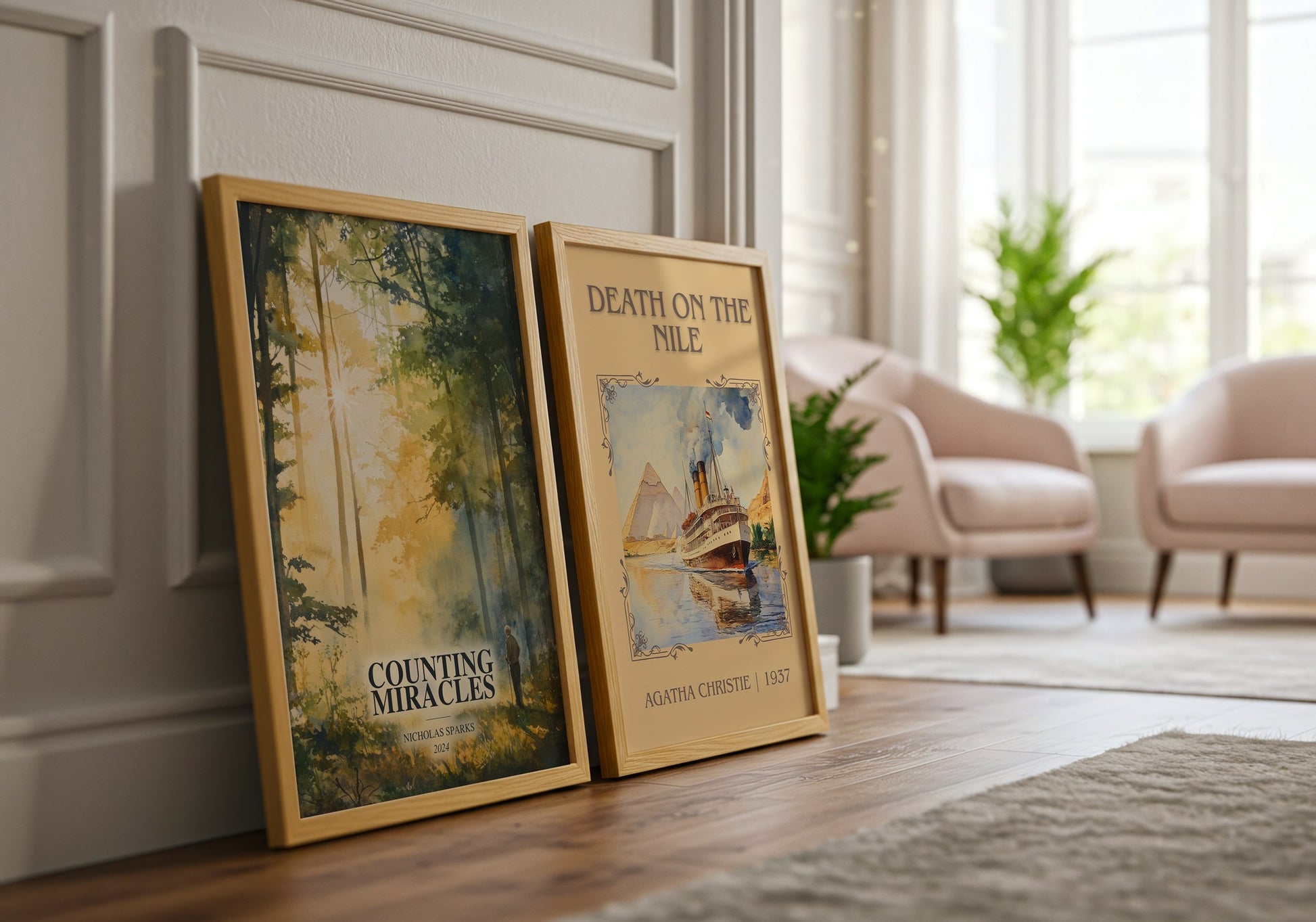 Counting Miracles watercolour print framed by window – literary home decor