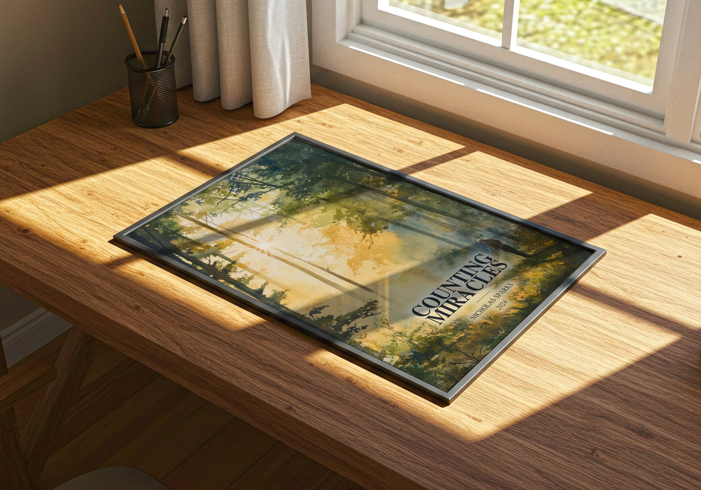 Counting Miracles watercolour book poster framed on wall – romance wall art
