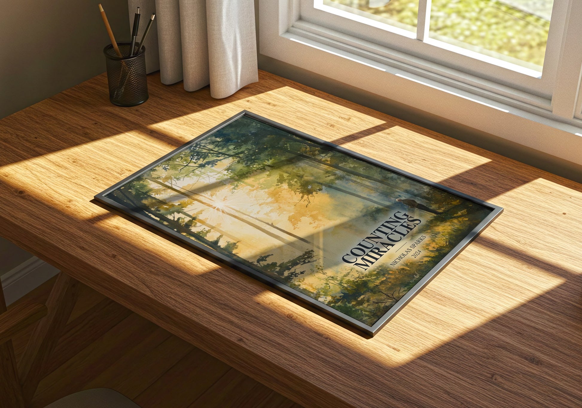 Counting Miracles watercolour book poster framed on wall – romance wall art