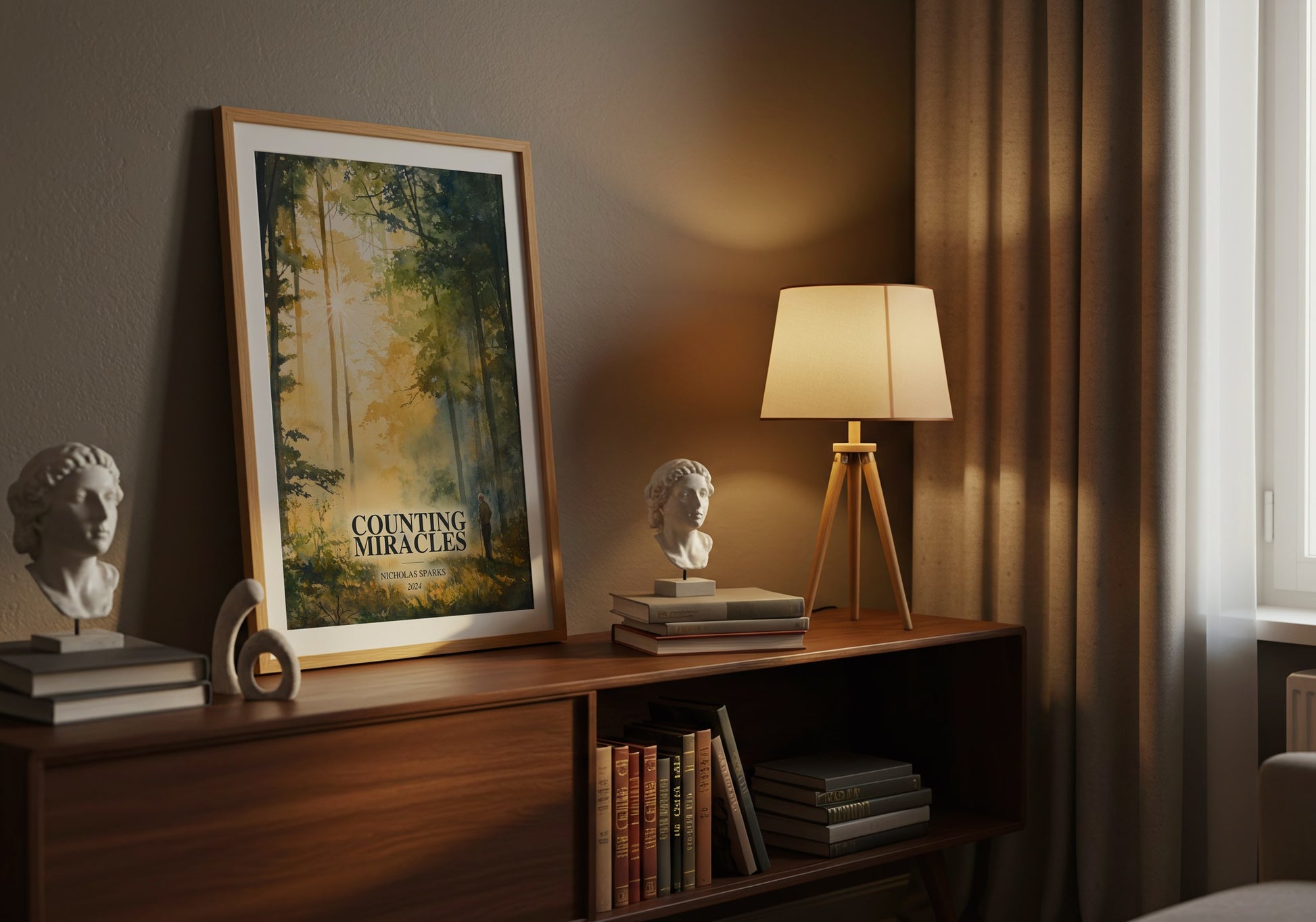 Counting Miracles watercolour print on bookshelf – Nicholas Sparks fan gift