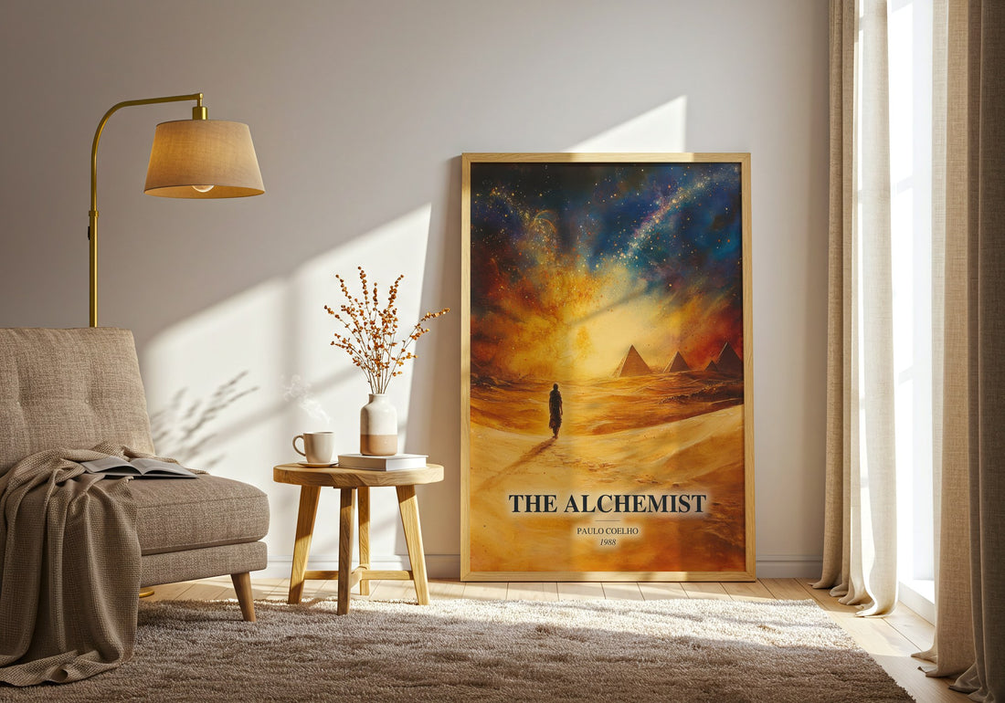 The Alchemist watercolour print in frame leaning in hallway – fantasy wall art (mockup)