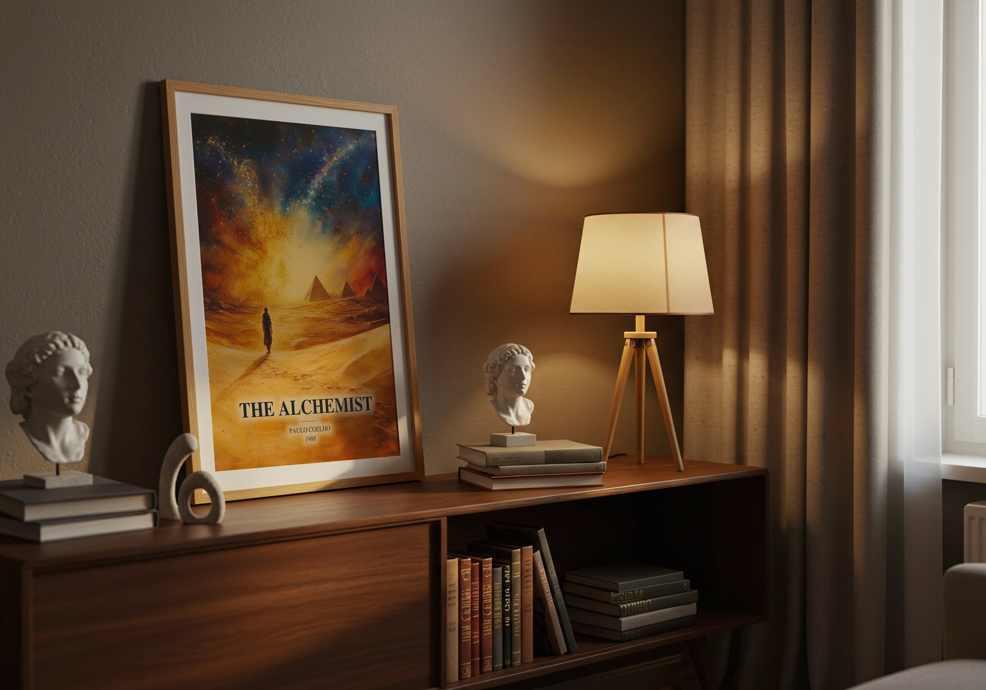 The Alchemist watercolour print on bookshelf – Paulo Coelho fan gift