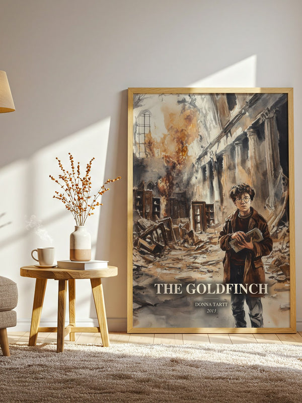 The Goldfinch watercolour print in frame leaning in hallway – literary fiction wall art