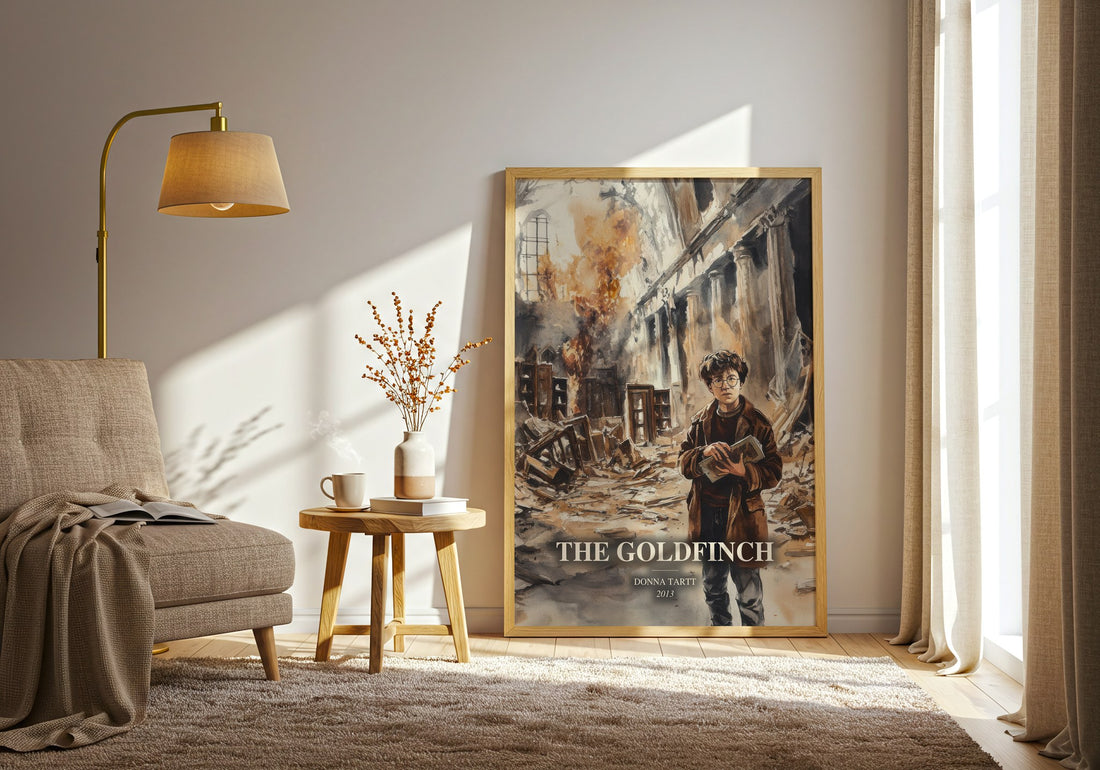 The Goldfinch watercolour print in frame leaning in hallway – literary fiction wall art (mockup)